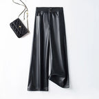 Autumn new high waisted leather pants women straight leg loose and fashionable versatile commuting solid color trousers