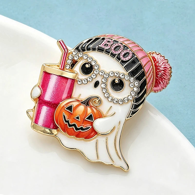 Wuli&baby Lovely Ghost Brooches For Women Unisex Wear Hat Taking Straw-cup Specter Halloween Party Brooch Pins Gifts