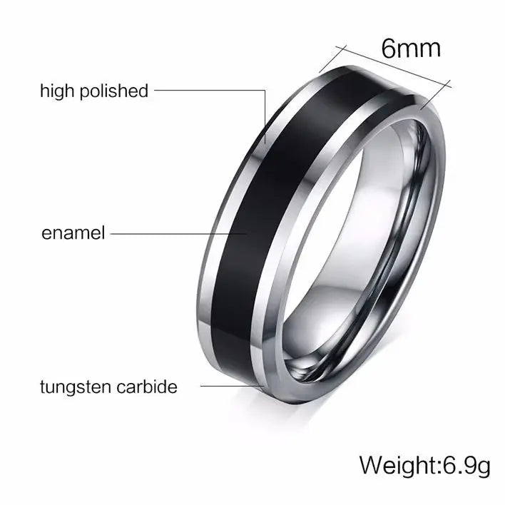6MM Men's Tungsten Carbide Black Enamel Ring Wedding Band