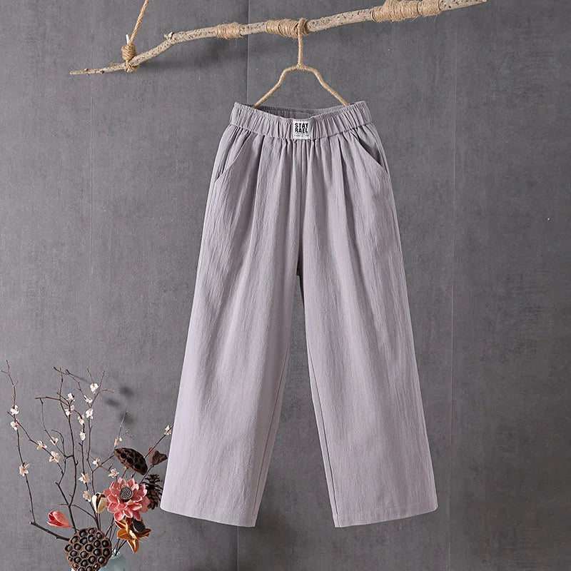 Female 2025 High Quality Loose Trousers Summer Elastic Waist Women's Pants Casual Solid Cotton Linen Ankle Length Pants
