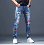Spring Autumn Harajuku Fashion Art Craft Graphical Paintings 2000s Streetwear Male Slim Boyfriend Stylish Pants Denim Jeans Men