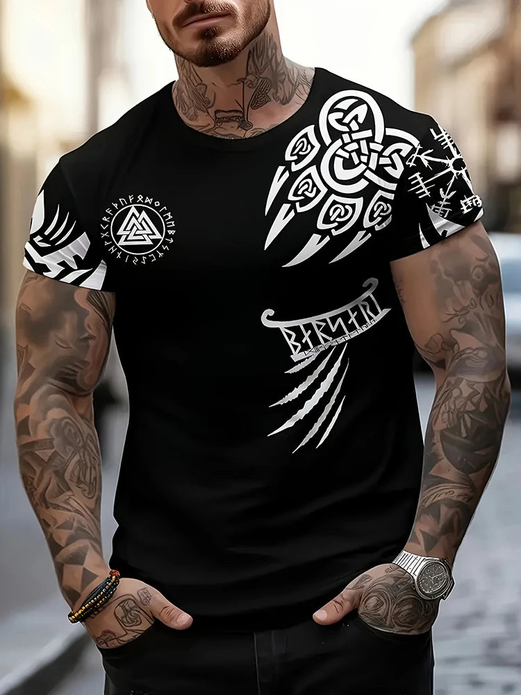 Viking-style Nordic Mythology Print Men's T-shirt Outdoor Street Sport Fitness Short-sleeved Shirt Daily Casual Fashionable Top