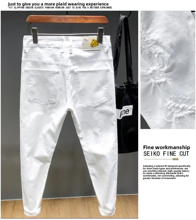 Spring New Ripped Jeans Men's Slim-fitting Elastic Simple Solid Casual Trousers Trendy Men's Trousers White Denim Jeans Hombre