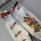 High Waisted Jeans 2023 Spring and Summer New Heavy Embroidery Hot Diamond Printed Loose Washed-out Elastic Waist Jeans Women