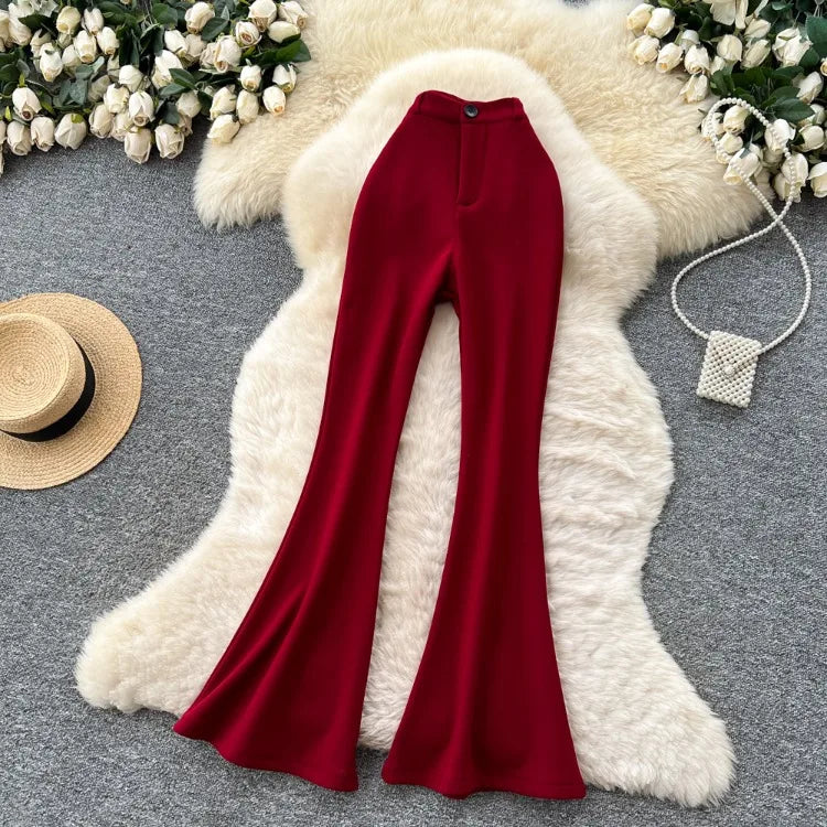 High waisted slim fit micro flared pants women in spring new design sense casual versatile solid color straight leg pants