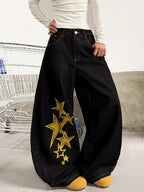 American Retro Star And Letter Embroidery Black Baggy Cocoon Pants  Women Y2K Street Trendy Fashion Versatile Wide-Leg Pants