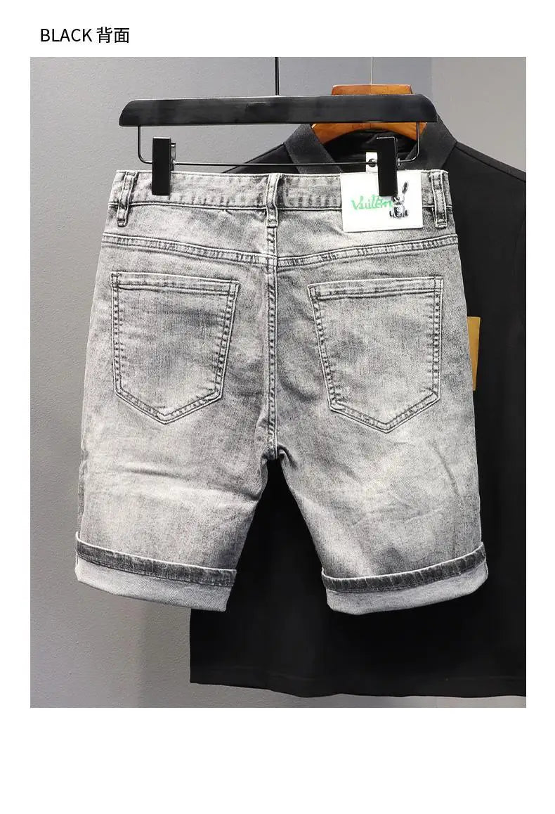 Korean Fashion Kpop Men's Casual Streetwear Boyfriend Designer Denim Shorts with Rabbit Embroidery for Summer Grey Short Jeans