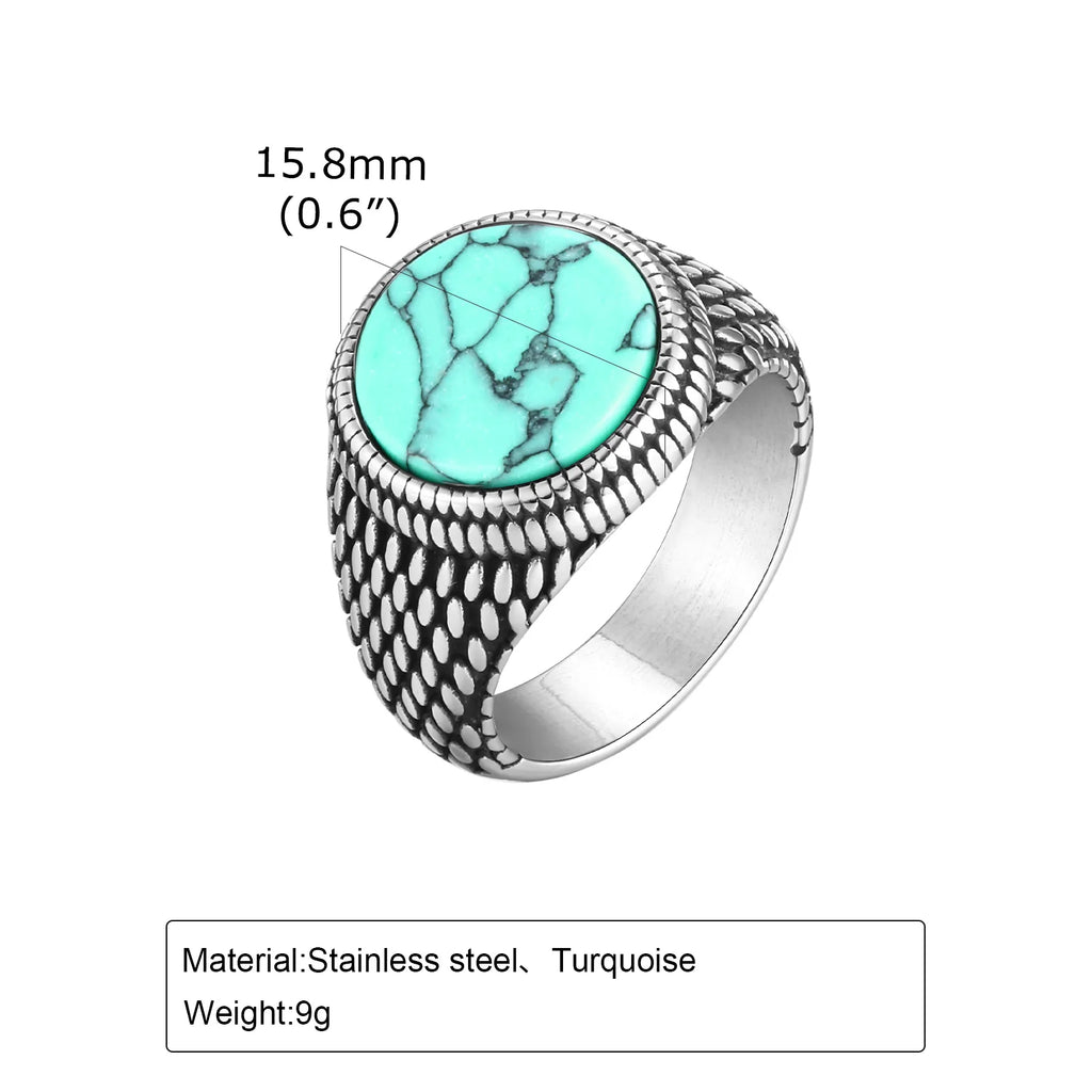 Punk Vintage Ethnic Rings for Men,Stainless Steel Natural Stone Scale Ring,Round Stone Signet Ring Gift for Husband Dad Son