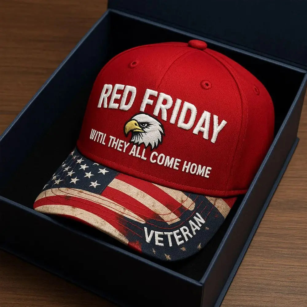 Red Friday Embroidered 'Will They All Come Home' American Flag Brim 'Veteran' Red Baseball Cap with Eagle Graphic & Red Button,