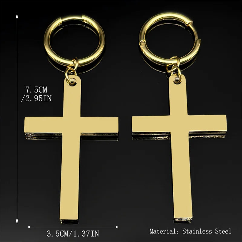 Hip Hop Catholic Cross Hoop Earrings for Women Men Stainless Steel Gold Silver Color Crucifix Statement Earring Jewelry E3476S06