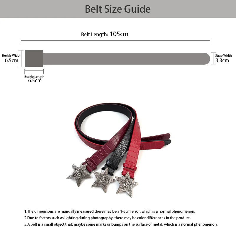 Width 3.3cm Hip-hop Retro Ladies Belt Gothic Punk Five-pointed Star Buckle Pu Leather Girdle Rock Y2k Popular Red Waistband
