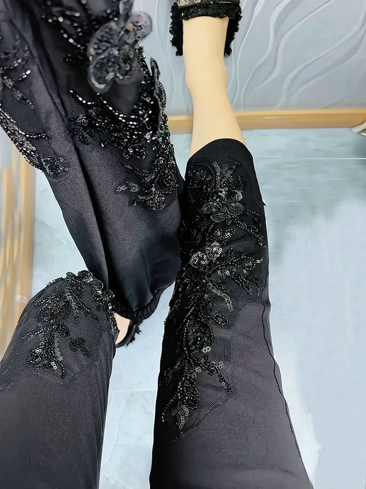 European Heavy Industry sequin bead design fashioneight point cigarette tube pants women's elastic high waist slim casual pants