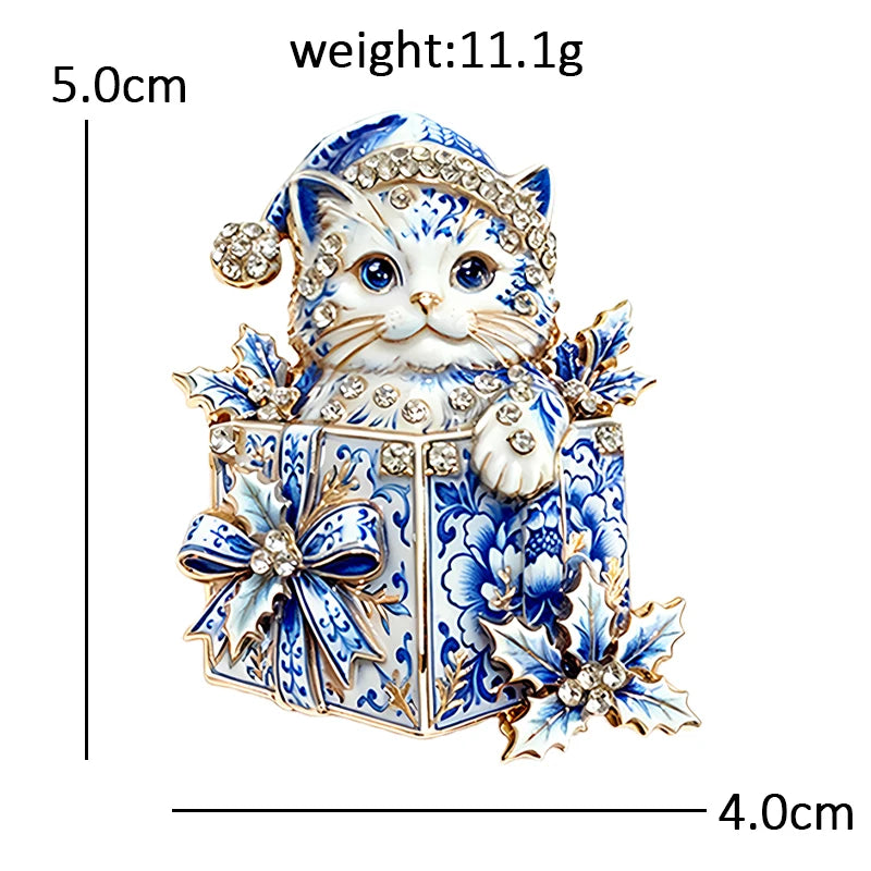 PENDRA Giftbox Rhinestone Christmas Cat Brooch