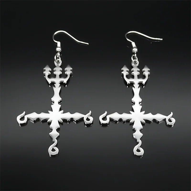 Heavy Metal 666 Music Band Drop Earrings Stainless Steel Black Color Sigil Church of Satan Fork Cross Dangle Earring Jewelry