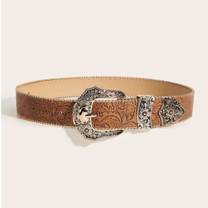 Retro Y2K Belt WOMEN'S Leather Belt Western Cowgirl High-end Luxury Designer Brown Jeans Belt Golden Buckle Plus Size Waistband