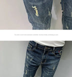 Harajuku Fashion Autumn New Blue Jeans Men's Trendy Brand Scratches Cargo Work Korean Slim-fitting Trousers Luxury Elastic Pants