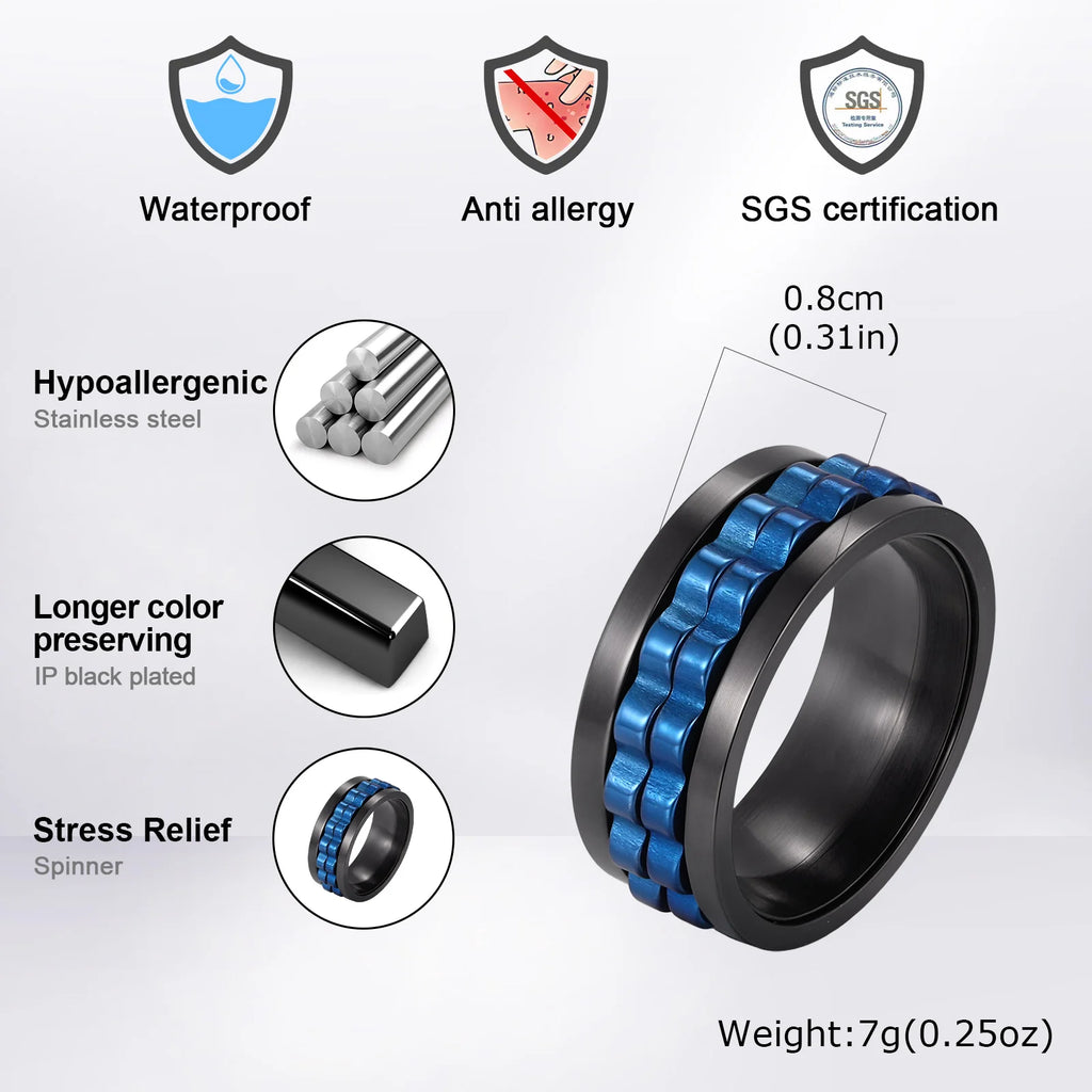 Gear Chain Rotating Spinning Ring for Men,Punk Stainless Steel Anti Stress Ring Gift