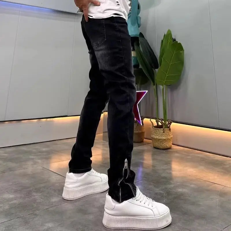 High-end 2026 Dark Blue Foot Zipper Jeans Men's Slim-fitting Small Straight Trendy Fashion Elastic Cargo Casual Trousers Male