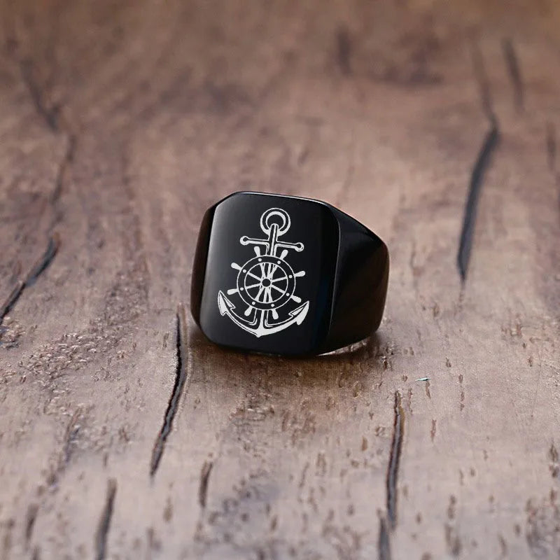 Men Viking Vegvisir Pirate Signet Ring, Free Custom Personalized Stainless Steel Finger Bands Ring for Boys, Amulet Jewelry Gift