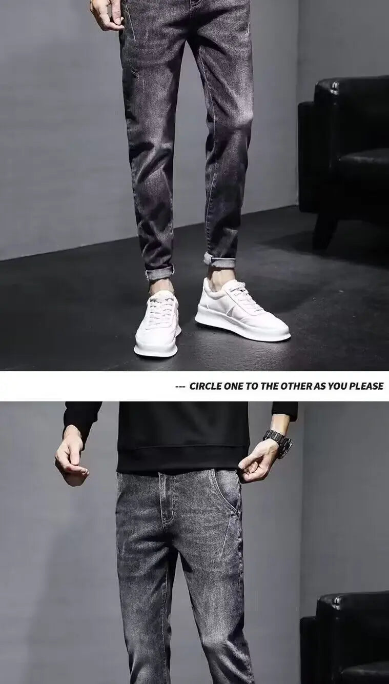 Autumn 2025 New Jeans Men's Trendy Brand Retro Casual Trousers Student Fashion Printing Elastic Skinny Jeans Men Trousers