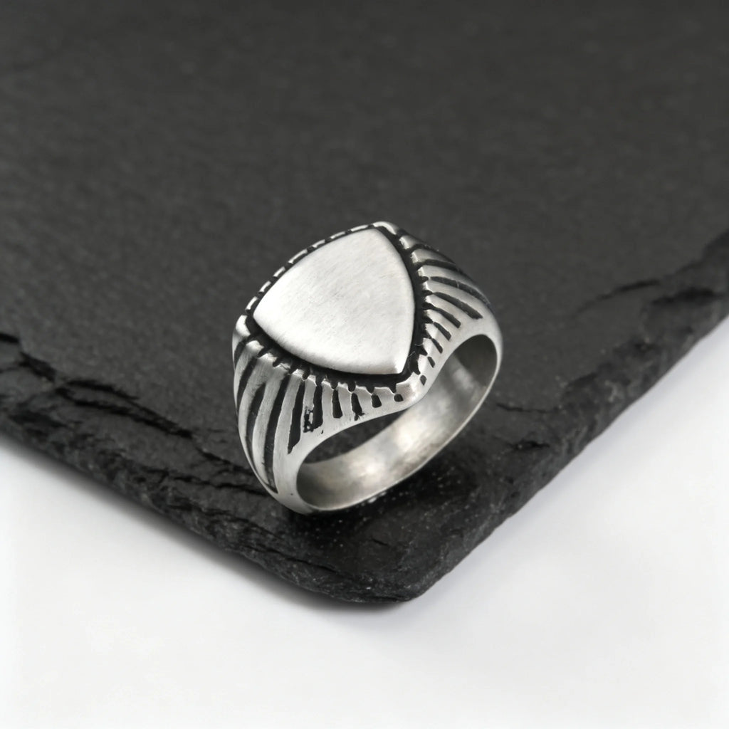 Vintage Shield Signet Ring for Men Boys,Retro Grey Stainless Steel Ring,Punk Statement Ring Gift for Father Son Husband BBF