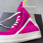 PENDRA Rose Fur Rose-Red Horsehair Leather High-Top Zip Platform Ankle Boots