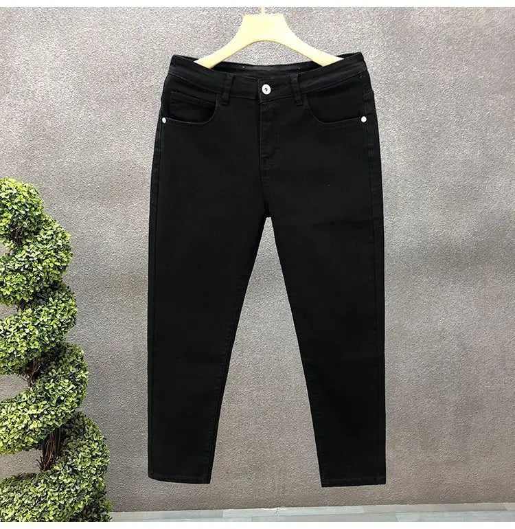 High-Quality Korean Street Men's Slim Jeans for Spring and Autumn with Denim Fabric and Casual Solid White Black Punk Trousers