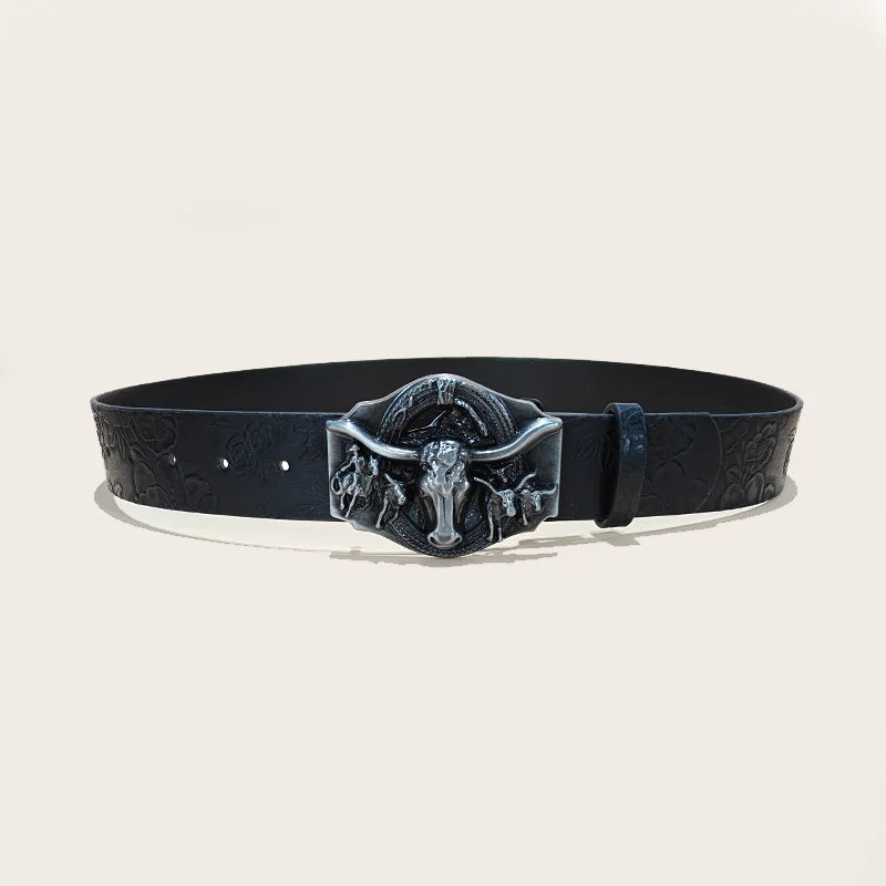 Western Cowboy Leather Belts Longhorn Bull Buckle Pattern Floral Engraved Belt for Men Gothic Accessories Jeans Waistband Male