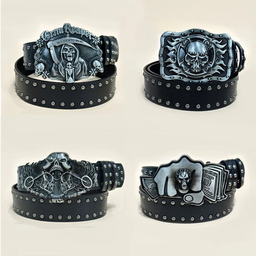 16.8	Grim Reaper Pu Leather Belt For Men and Women Western Cowboy Vintage Plus Size Cross Jeans Belt Male Gothic Accessories Y2K
