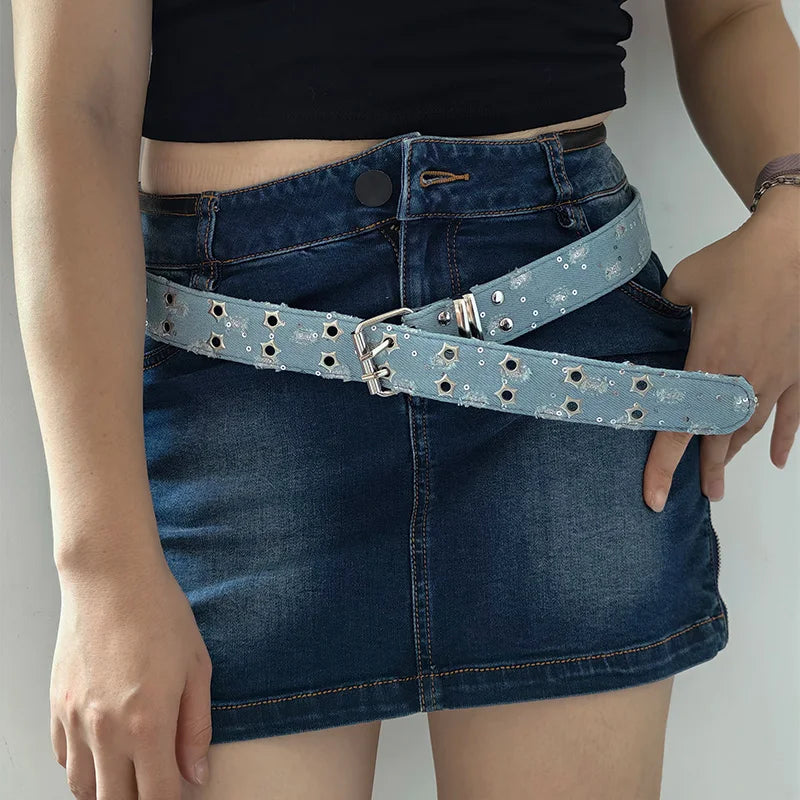 Punk Star Eyelet Denim Fabric Belts For Women High-end Luxury Brand Unisex Jeans Retro Gothic Belt Blue Waistband Y2K Pink Belt