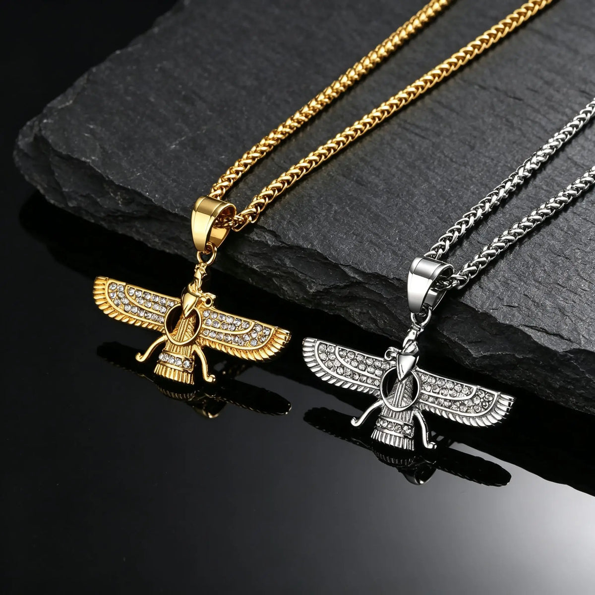 Faravahar Zoroastrian Pendant Necklace for Men,Stainless Steel Winged Eagle Amulet with CZ Stones,Hip Hop Religious Jewelry Gift