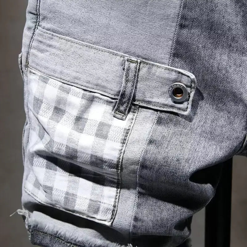 Summer 2025 Retro Luxury Man Washed Splicing Denim Shorts Men's Loose Straight Ins Patchwork Cowboy Trendy Casual Short Pants