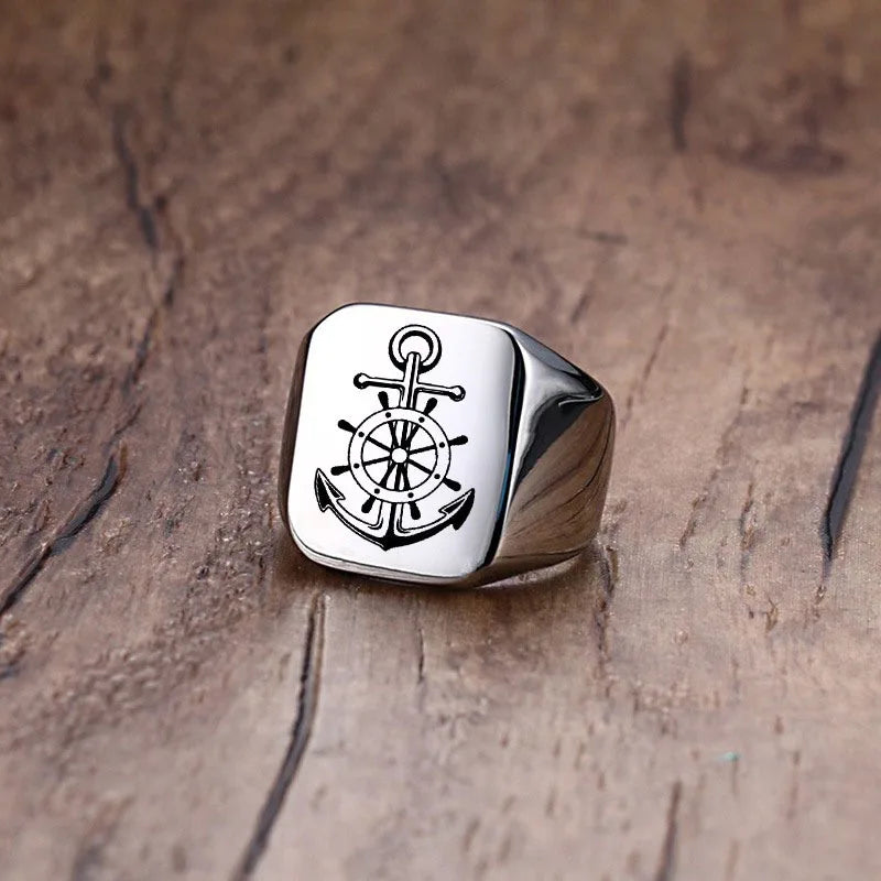Men Viking Vegvisir Pirate Signet Ring, Free Custom Personalized Stainless Steel Finger Bands Ring for Boys, Amulet Jewelry Gift