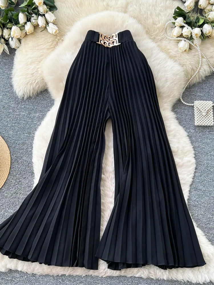 Korean version light mature style high waisted pleated wide leg pants women's spring commuting loose high-end fashion pants