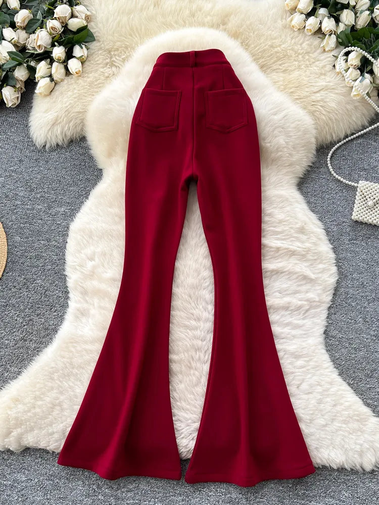 High waisted slim fit micro flared pants women in spring new design sense casual versatile solid color straight leg pants