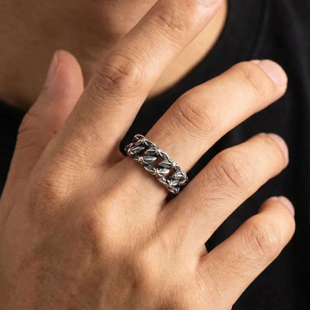 Vintage Punk Men's Ring,Antique Oxidized Stainless Steel Band Ring, Streetwear Casual Jewelry Gift