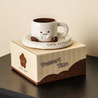 Cute Smiley Face Ceramic Coffee Mug with Saucer 3D Cartoon Design Tea Cup