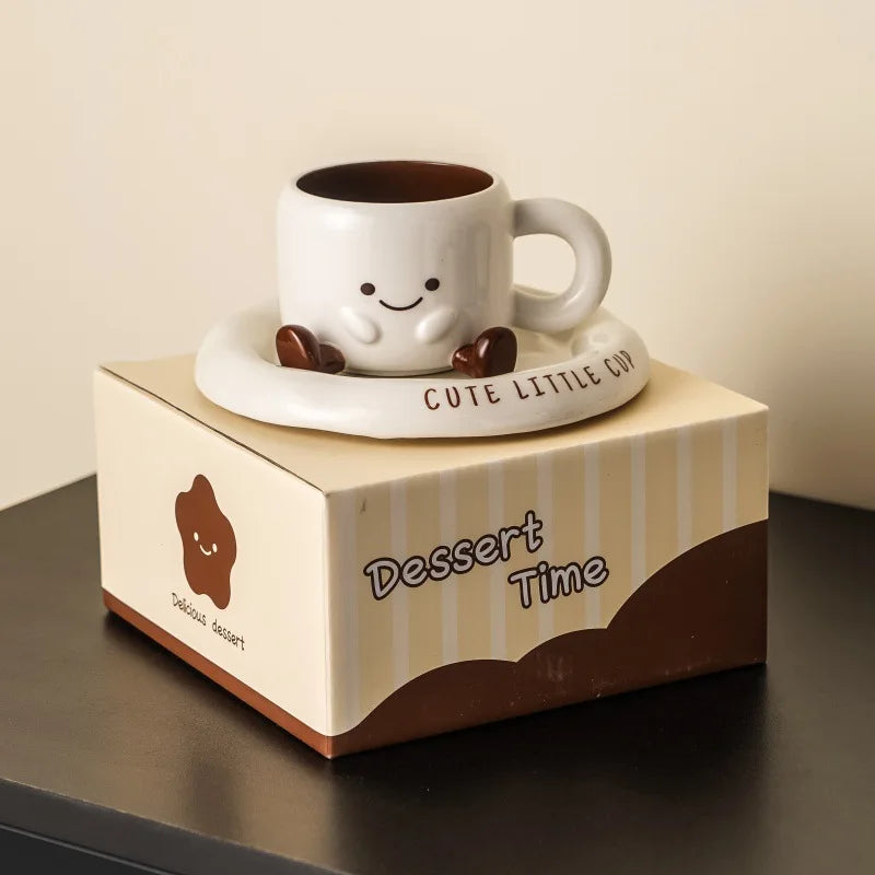 Cute Smiley Face Ceramic Coffee Mug with Saucer 3D Cartoon Design Tea Cup