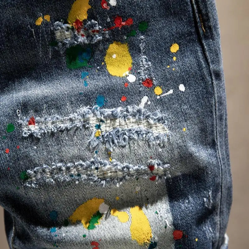 Beggar Ripped Denim Shorts Men's Summer Trendy Brand Ruffian Handsome Ink-splashing Elastic Washed Breeches Thin Short Pants