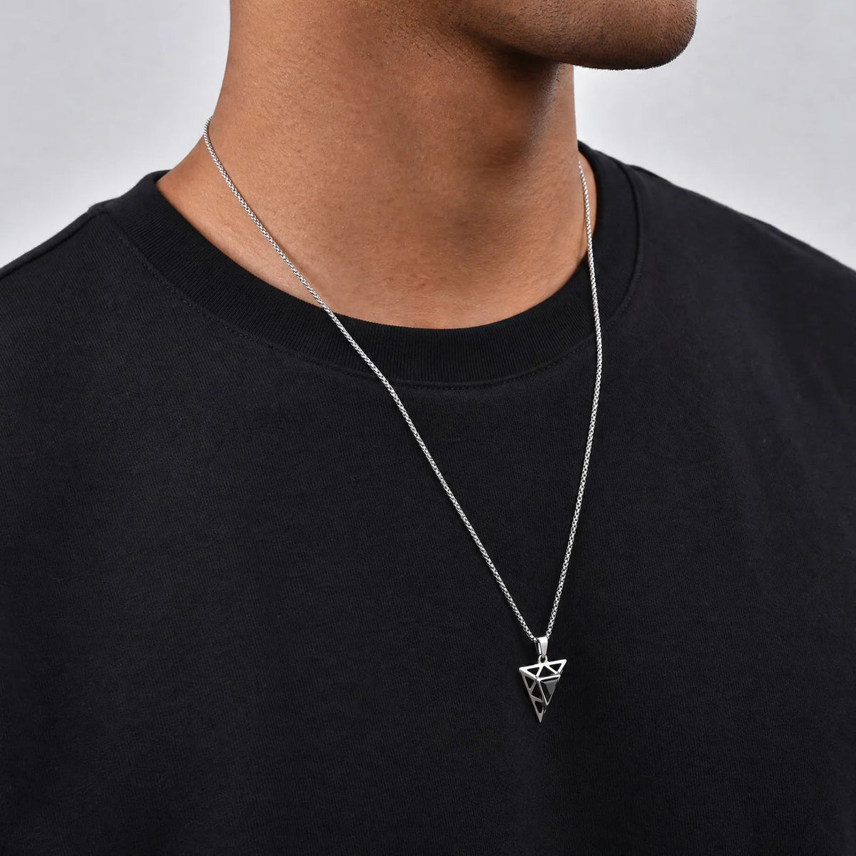 Black Triangle Stone Pendant Necklace for Men,Stainless Steel Hollow Geometric Pendant Necklace,Gothic Punk Hip Hop Jewelry Gift