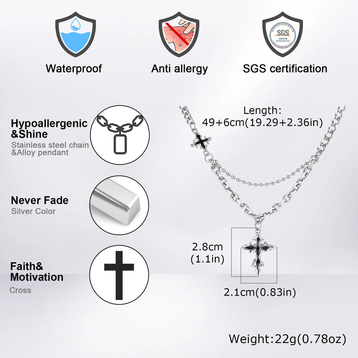 Hip Hop Cross Necklace for Men Boys,Fused Irregular 4-point Star Pendant with Splicing Collar,Cool Trendy Jewelry Gifts