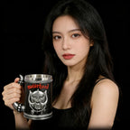Gothic Rock Collectible Mug Hand-Polished 3D Embossed Skull, Stainless Steel Inner Unique Horn Handle Heavy Metal  Coffee Cup