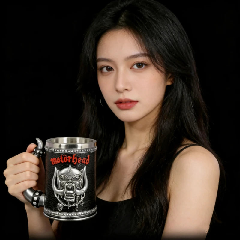 Gothic Rock Collectible Mug Hand-Polished 3D Embossed Skull, Stainless Steel Inner Unique Horn Handle Heavy Metal  Coffee Cup