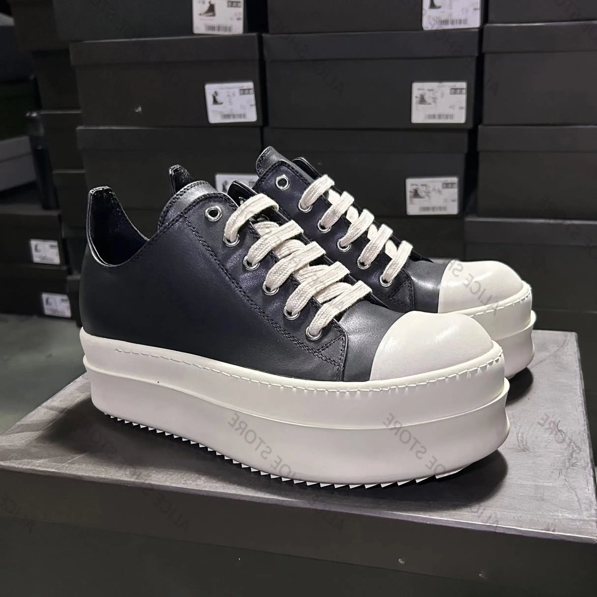 PENDRA Noir Luxe Black Genuine Leather 6cm Platform Flat Sneakers