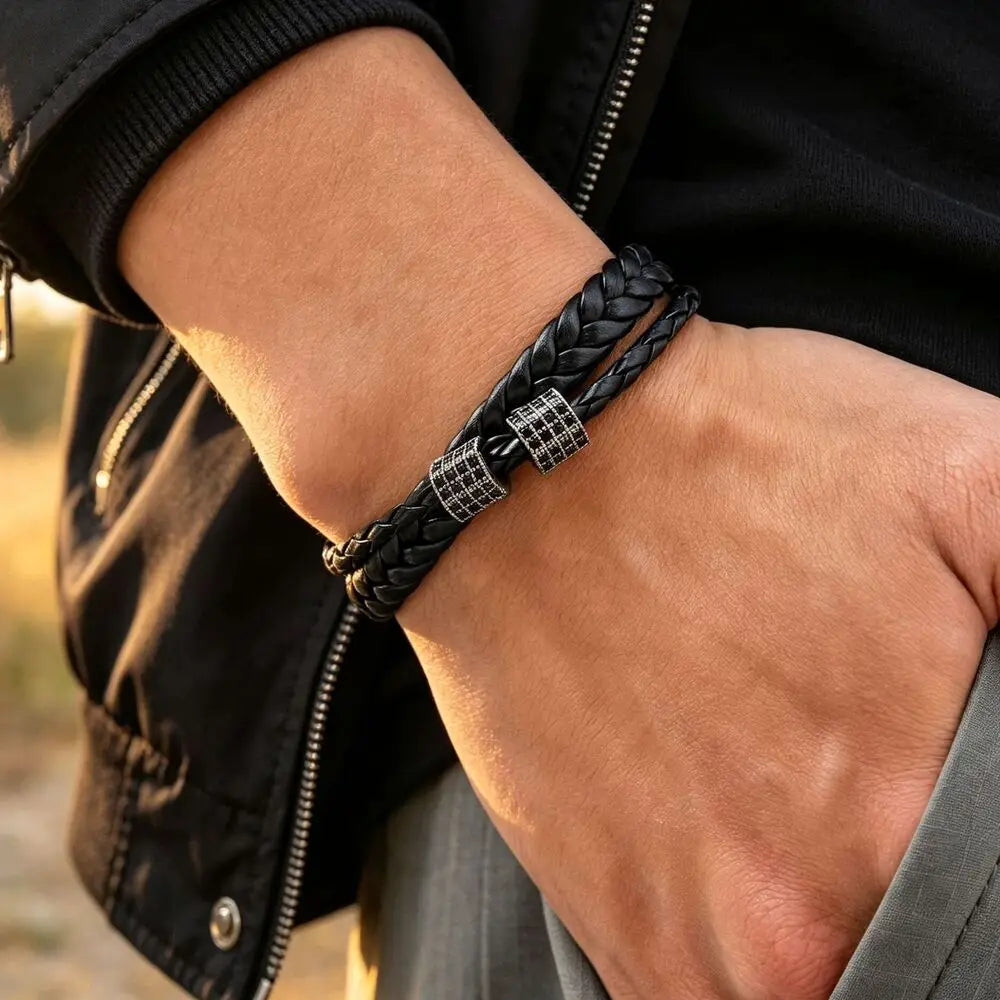 Black Braided Cord Bracelet for Men,Crystal Zircon Bead Charm Layered Punk Wristband,Streetwear Punk Casual Jewelry Gift