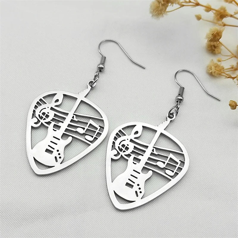 Rock Music Guitar Pick Pendant Drop Earrings for Women Stainless Steel Punk Musical Bass Note Dangle Earring Party Gift Jewelry