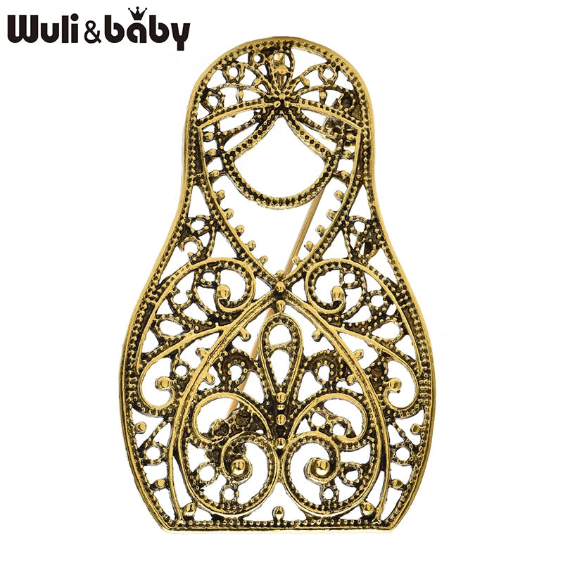 Wuli&baby Vintage Matryoshka Doll Brooches 2-color Metal Lovely Hallow-out Vintage Party Casual Brooch Pins Gifts