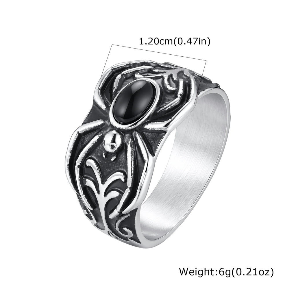Vintage Punk Men's Spider Signet Ring,Stainless Steel Natural Stone Black Onyx Ring Jewelry Accessory Gift for Him