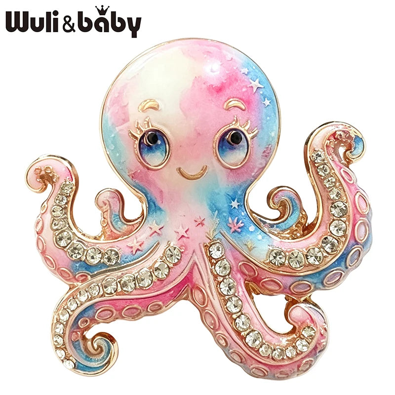 Wuli&baby Cute Octopus Brooches For Women Unisex 5-color Rhinestone Enamel Colorful Ocean Animal Party Casual Brooch Pins Gifts