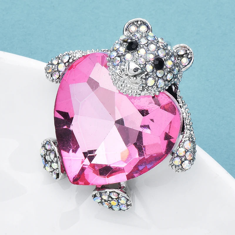 Wuli&baby Cute Bear Hugging Heart Shape Crystal Rhinestone Animal Little Brooches Pin Jewelry Accessory Gift